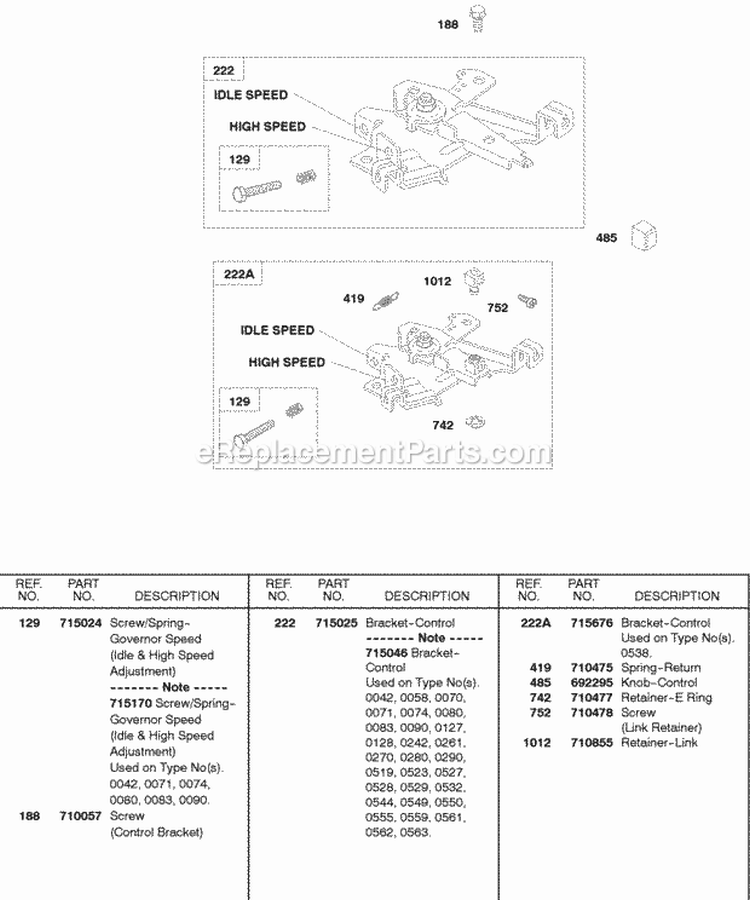 Control Bracket Diagram and Parts List for 245432-0083-01  Briggs and Stratton Engine